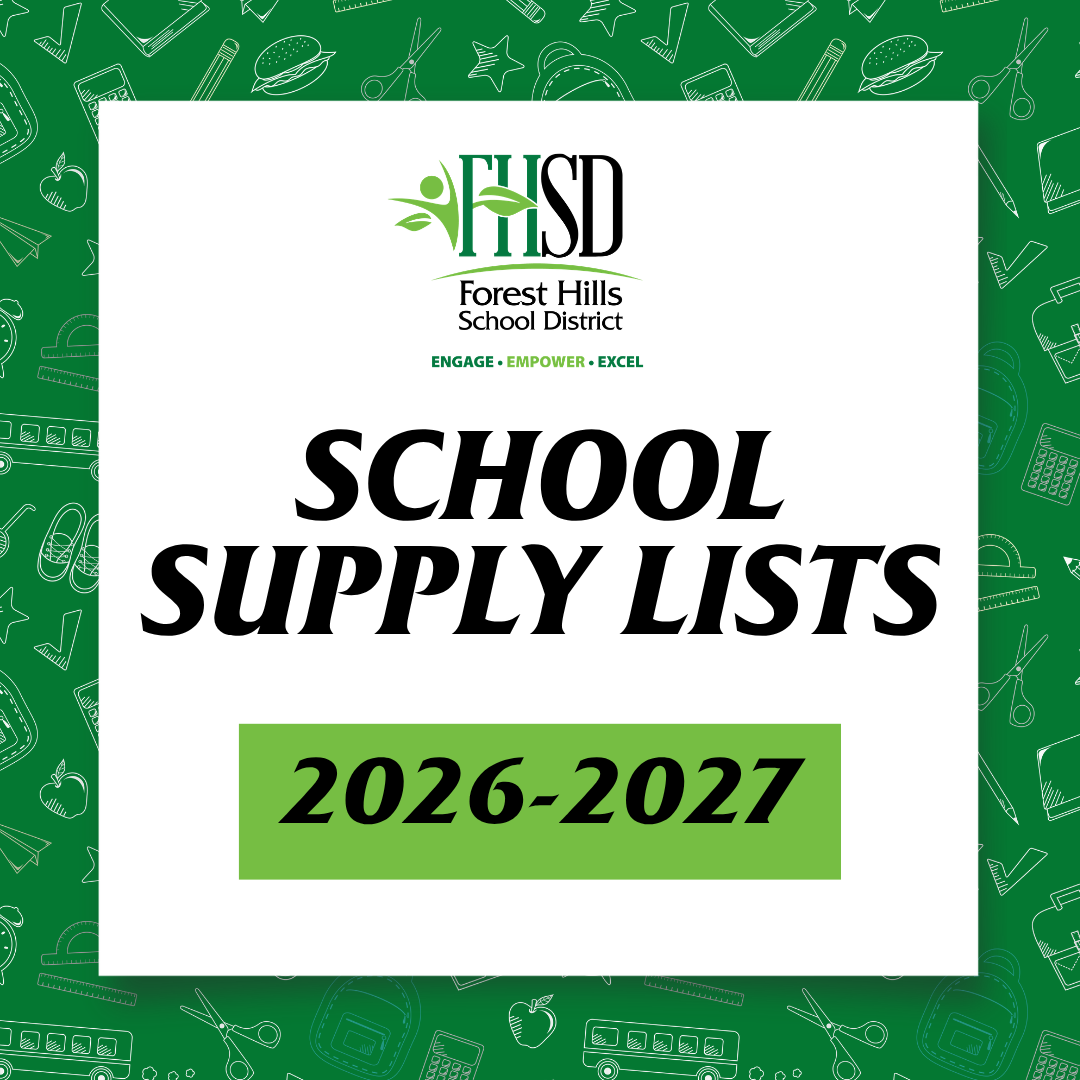 Title graphic with the FHSD logo that says "School supply lists 2026-2027" and school supply-themed background